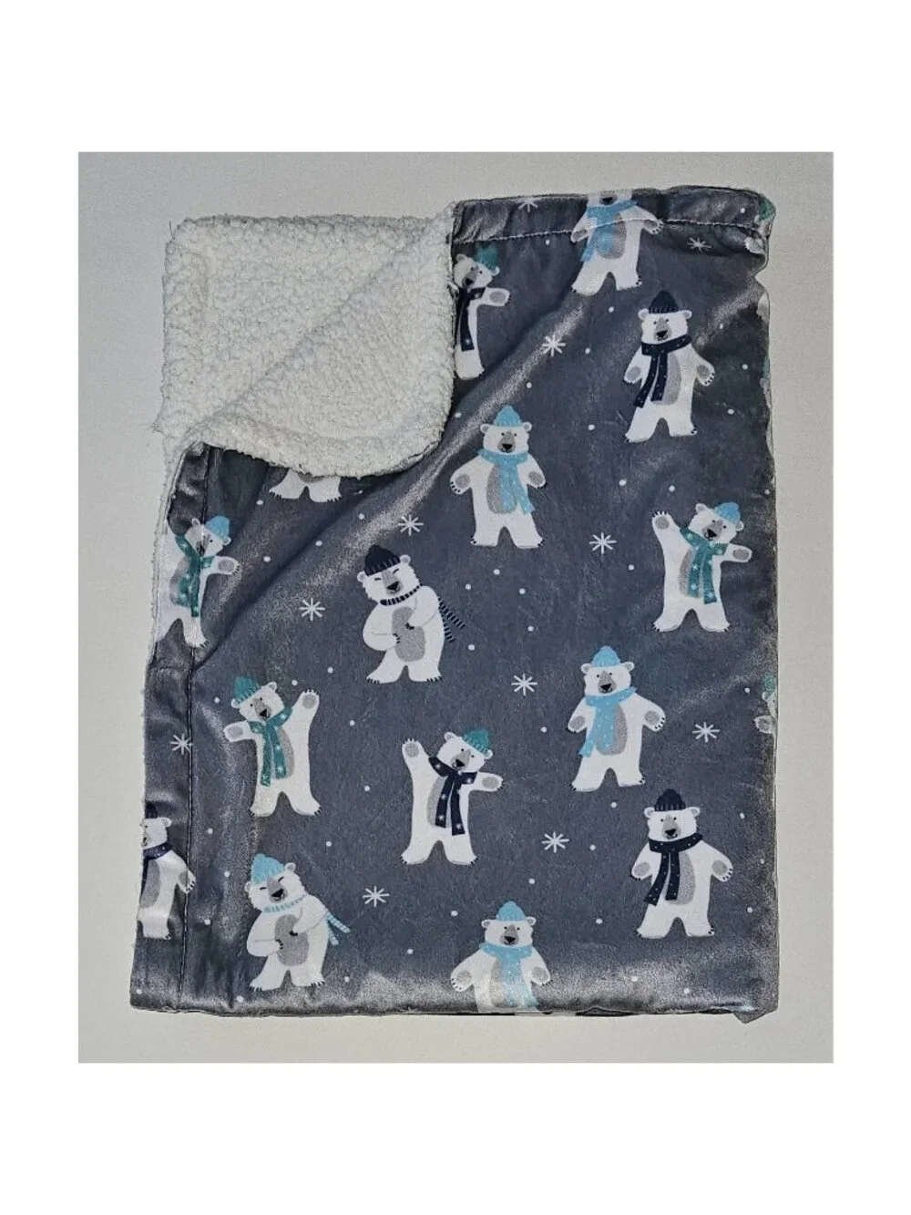 Nojo Polar Bears in Scarves Gray Fleece Baby Blanket White Sherpa Snow 30x39
